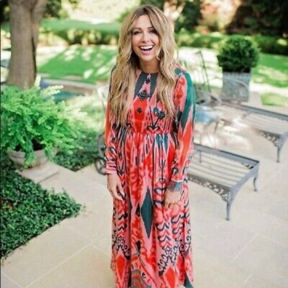 Maxi Floral Ikat Print Dress - Coral & Teal